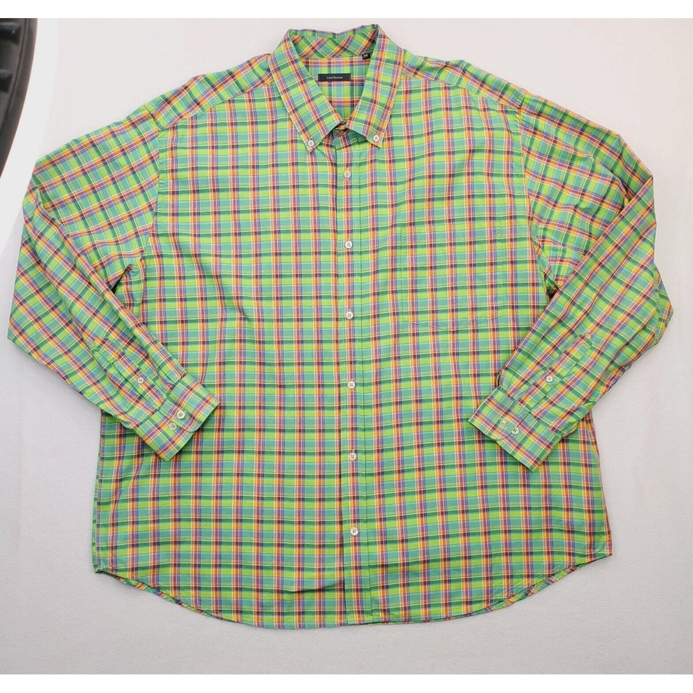 Turtleson Shirt Mens XXL Green Madras Plaid Colorful Preppy Golf Button Down